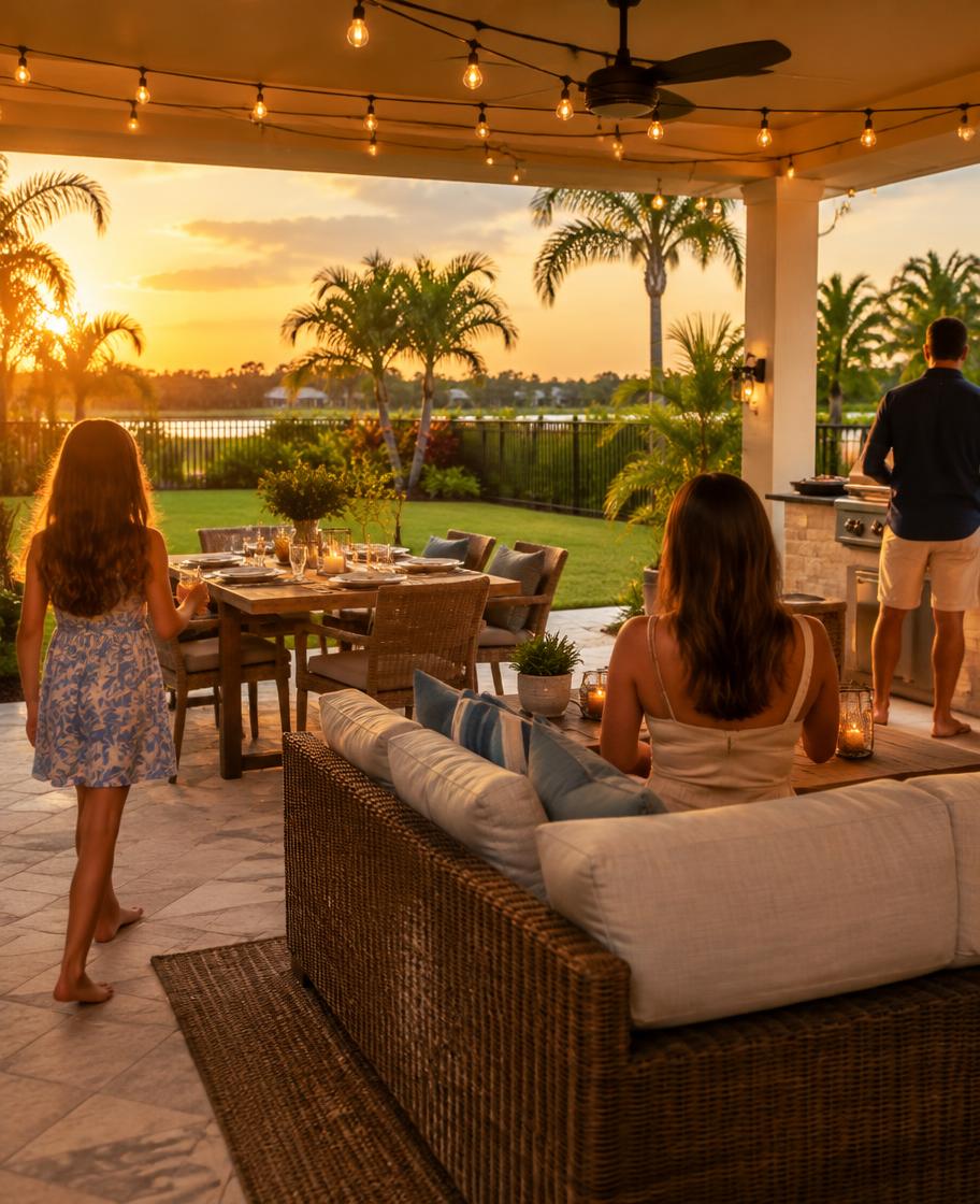 A family gathering on a covered backyard patio in Florida at sunset, with string lights and a set table