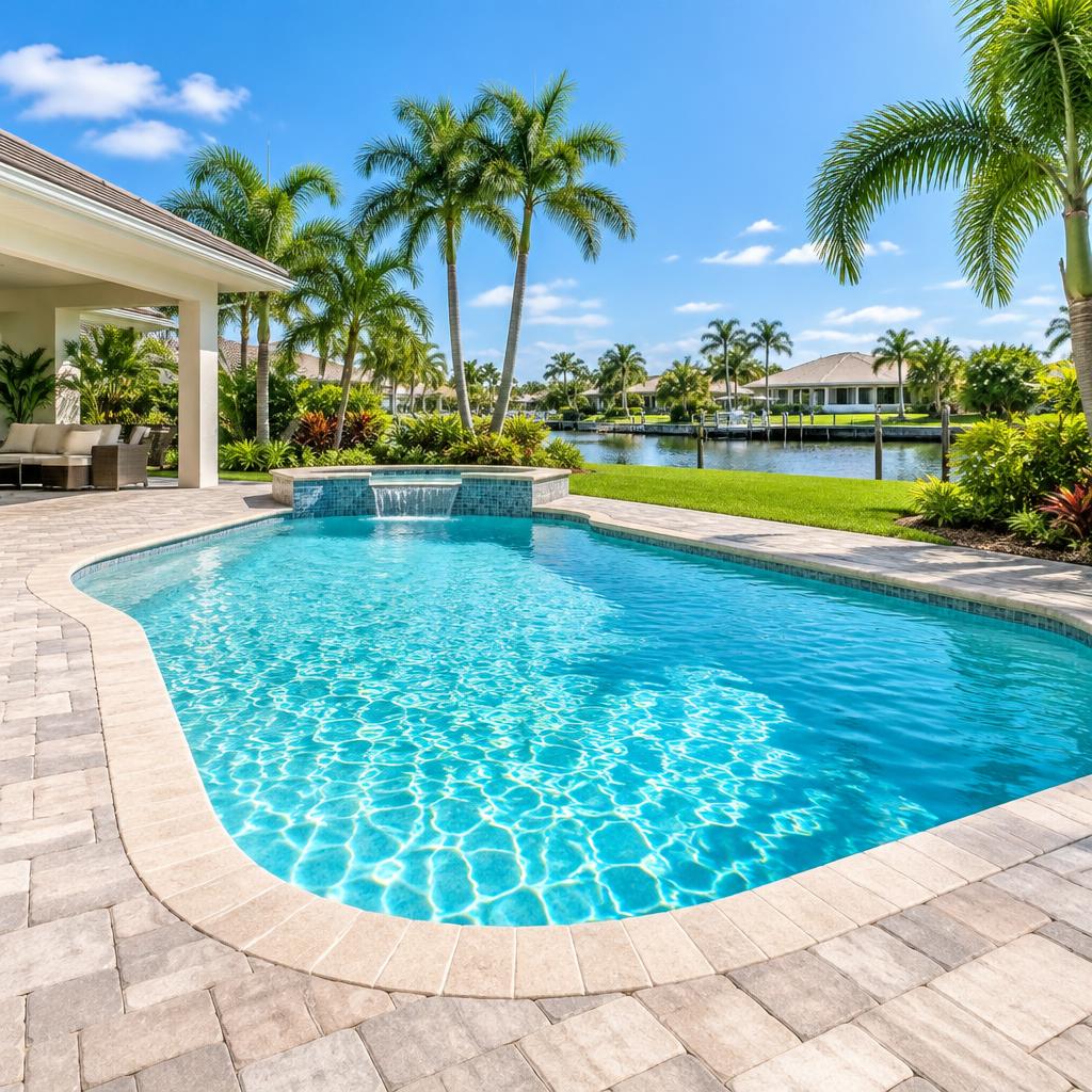 Sparkling clean backyard swimming pool with clear turquoise water in a Spring Hill, Florida home